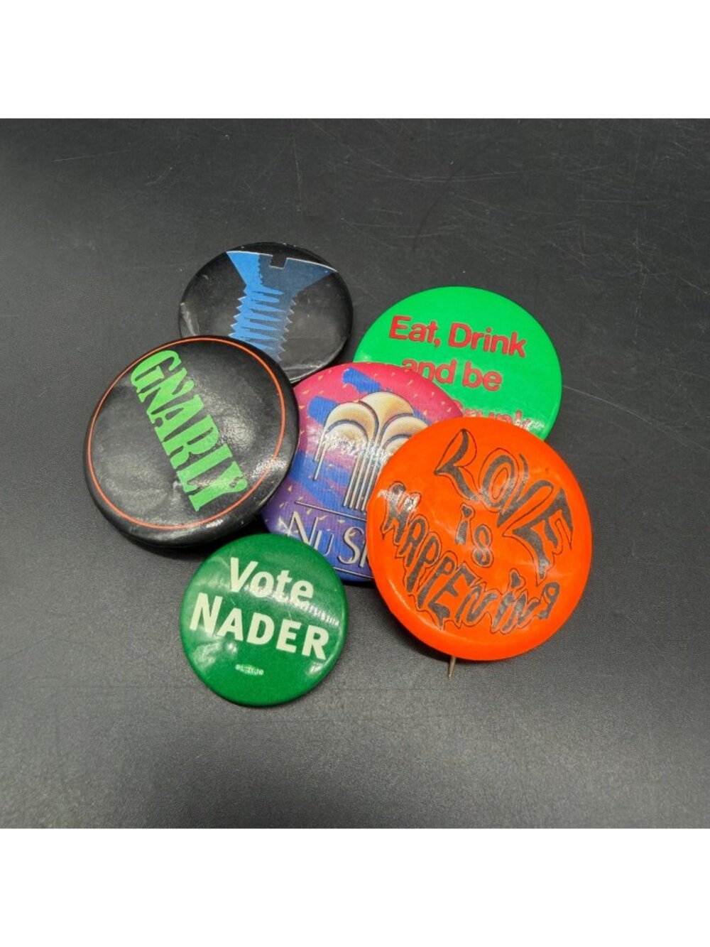 Vintage Pinback Buttons Lot of 6 Gnarly Nader Love is Happening Screw Nu Skin